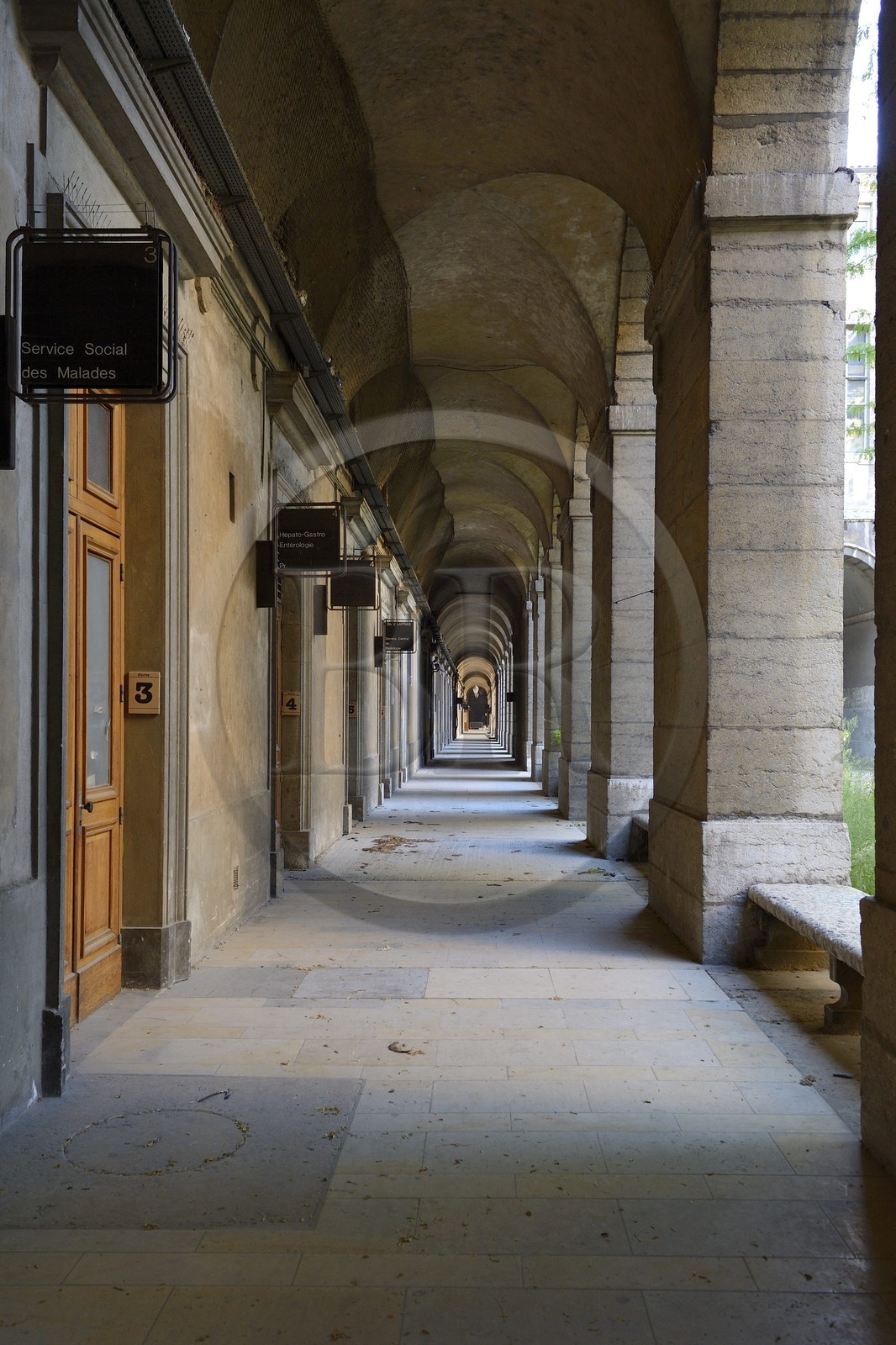 France, Rhone, Lyon, historical site listed as World Heritage by UNESCO, the hospital of Hotel Dieu, side gallery