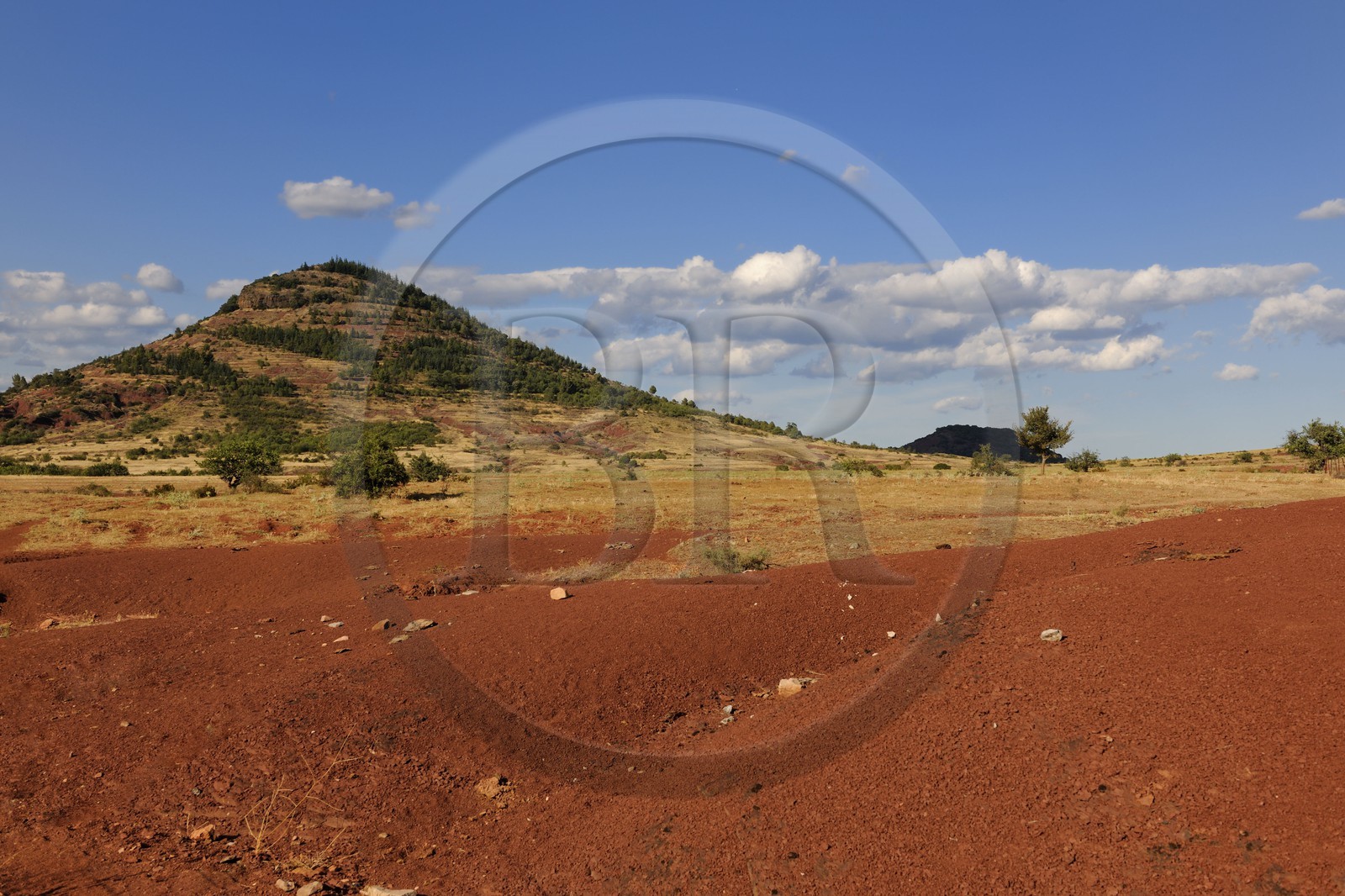 France, Herault, red earth (ruffes) look like sand dunes around Salagou Lake