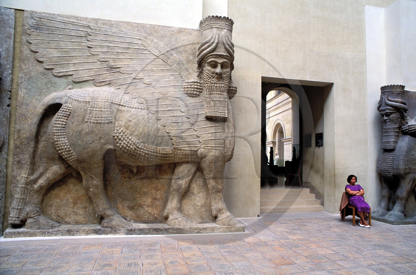 France, Paris, Louvre Museum, Oriental Antiquities, Khorsabad Courtyard, Assyrian monumental statues of winged bulls, 8th century door gardians of King Sargon II's Palace