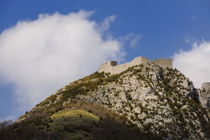 France, Ariege, Pays d' Olmes, Cathar Castle of Montsegur perched on a rock