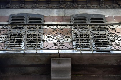 France, Pyrenees Atlantiques, Basque Country, Saint Jean Pied de Port, beautifully worked balcony and beam at the 9 rue d'Espagne (Spain street) on the Way of St. James