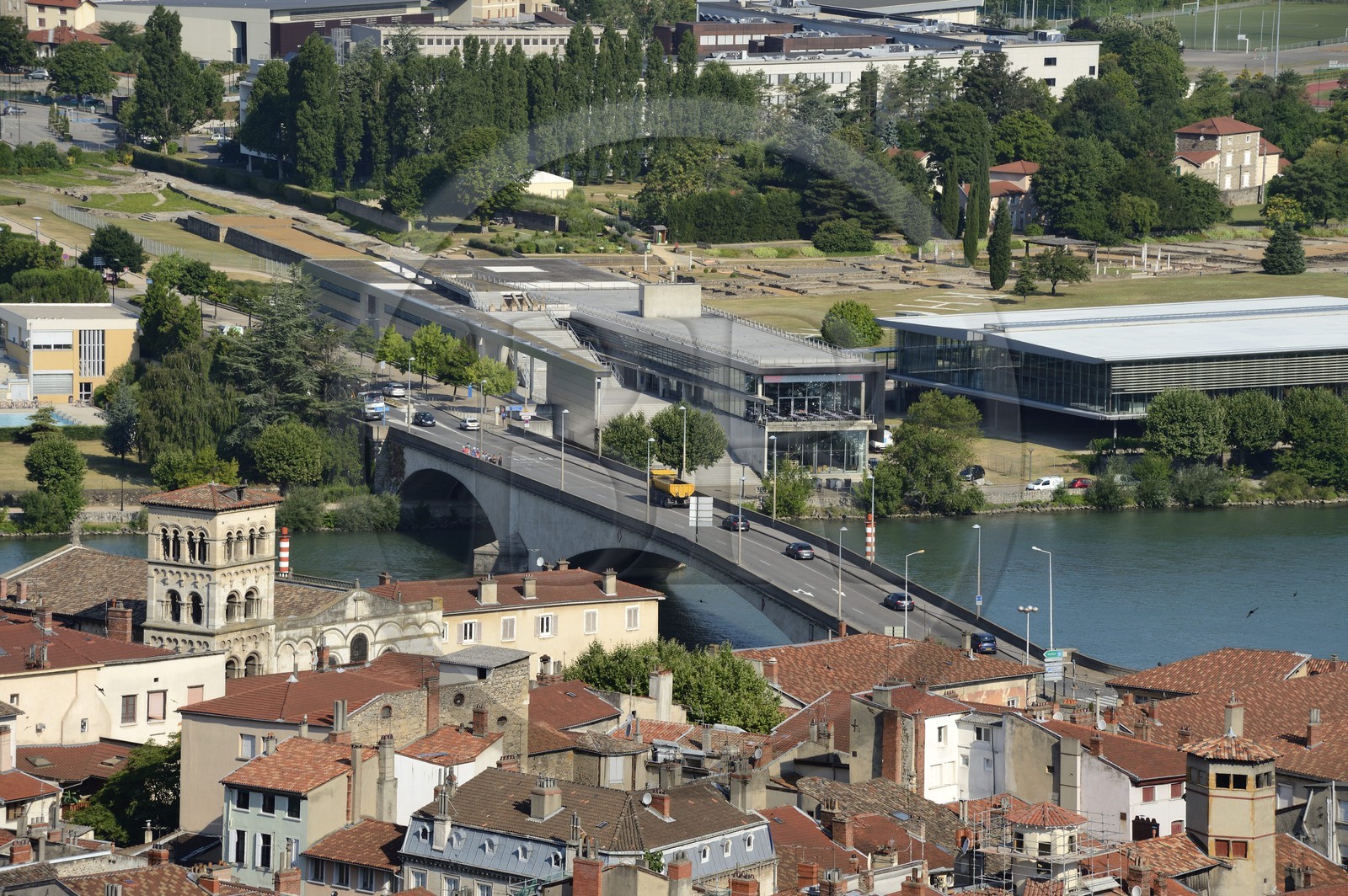 France, Isere, Vienne, Saint Maurice Cathedral and Gallo-Roman Museum in Saint Romain en Gal in the background on the other side of the Rhone