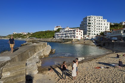 France, Pyrenees Atlantiques, Basque Country coast, Guethary, old whaling port overlooked by the former art deco Guétharia hotel built in the 1920s turned into a residence