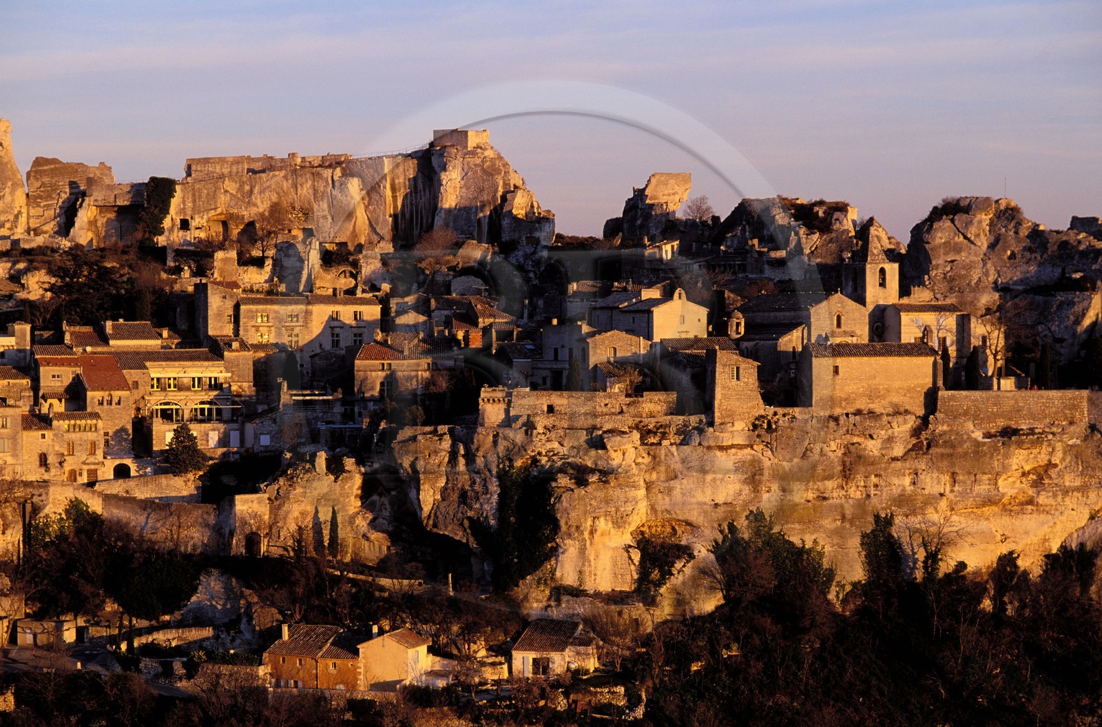 France, Bouches du Rhone, Les Baux de Provence village, labelled Les Plus Beaux Villages de France (The Most Beautiful Villages of France), Eyguieres door and the church
