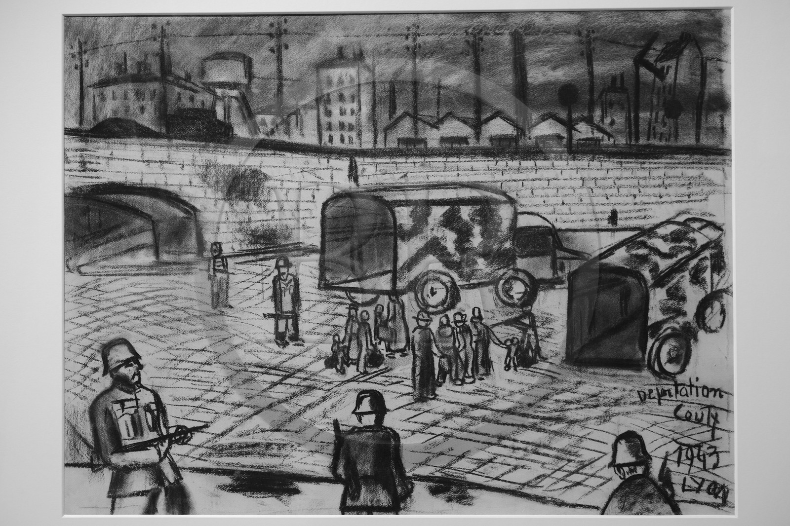 France, Rhône (69), Lyon, Centre d'Histoire de la Résistance et de la Déportation (CHRD), dessin d'une rafle par l'armée allemande