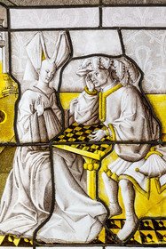 France, Paris, Musée de Cluny - Musée national du Moyen-Age (Middle Ages Museum in the former Hotel de Cluny), chess players white glass painted with grisaille around 1430