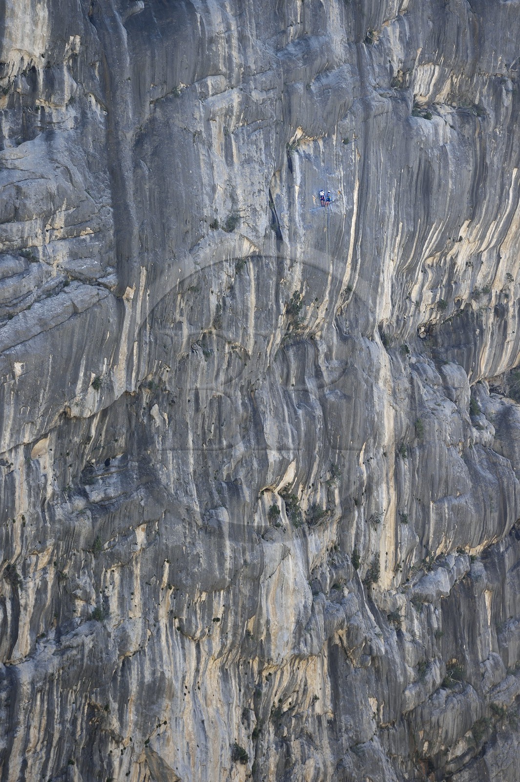 France, Alpes-de-Haute-Provence (04), Parc Naturel Régional du Verdon, les Gorges du Verdon, grimpeurs sur une falaise du couloir Samson en contrebas du village de Rougon et du Point Sublime