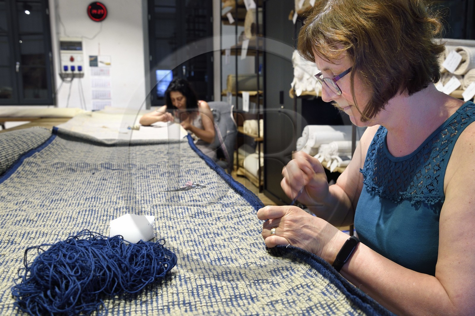 France, Var, Presqu'ile de Saint Tropez, Cogolin, the Manufacture Cogolin has been manufacturing rugs since 1924, each strip is individually woven and assembled to the others by hand