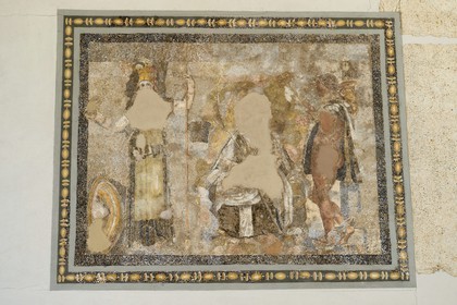 Grèce, île de Delos, classée Patrimoine Mondial de l'UNESCO, site archéologique de Délos, le musée archéologique, sol en mosaïque de l'insula de la Bijouterie