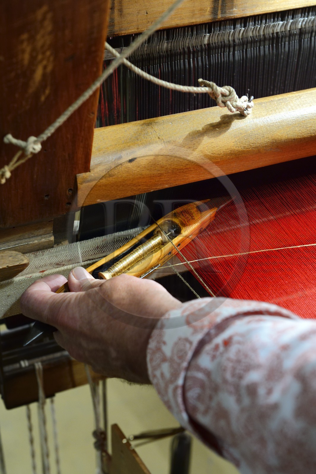 France, Rhone, Lyon, historical site listed as World Heritage by UNESCO, Vieux Lyon (Old Town), Saint George district, Jacquard loom at the silk trade (Soierie) Saint-Georges, shuttle for the passage of gold wire