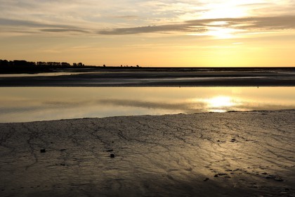 France, Manche (50), Baie du Mont-Saint-Michel, les berges submersibles de la rivière Couesnon au coucher de soleil