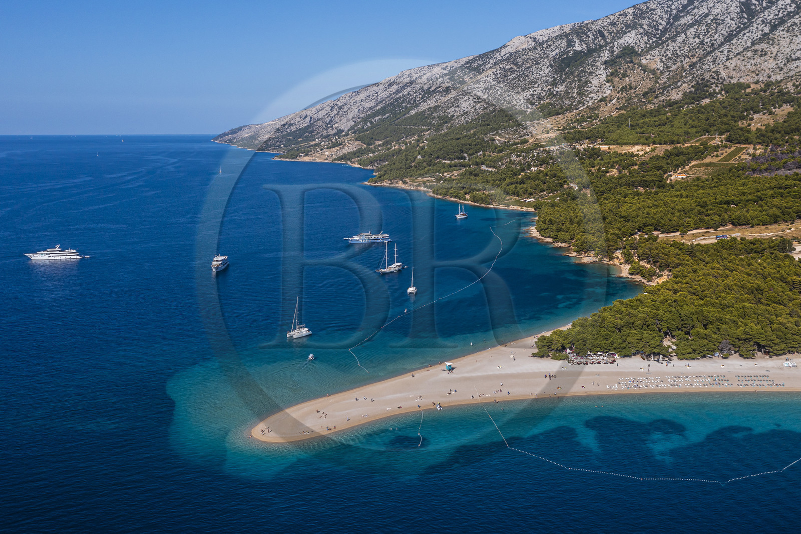 Croatia, Dalmatia, Dalmatian coast, Brac Island, Bol, the beach of Zlatni Rat or Golden Horn (aerial view)