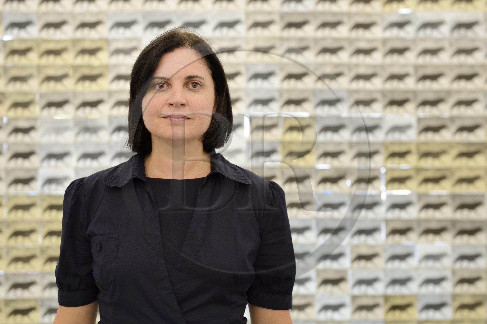 Afrique du Sud, province de Gauteng, Johannesburg, le site 44 Stanley était autrefois un site de bâtiments industriels des années 1930 et a été transformé pour héberger des boutiques spécialisées, restos gourmands et studios de design, la Galerie d'art AOP, l'artiste Fiona Pole devant son oeuvre Wolf at the Door (2014)