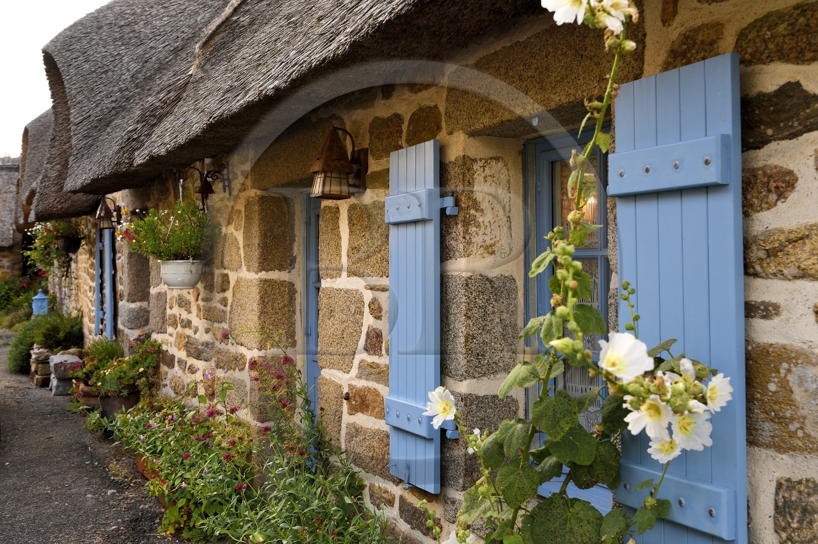 France, Finistere (29), region of Pont-Aven, Névez, the traditional thatched cottages of Kerascoet