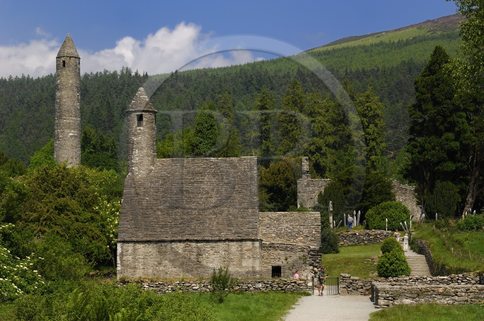 Republic of Ireland, Wicklow County, region of Wicklow Mounts, monastic site of Glendalough, Saint Kevin church and round tower