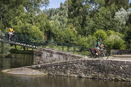France, Deux-Sèvres (79), le Marais Poitevin, la Venise Verte, Le Vanneau-Irleau, randonnée à bicyclette le long des canaux et passage d'une passerelle