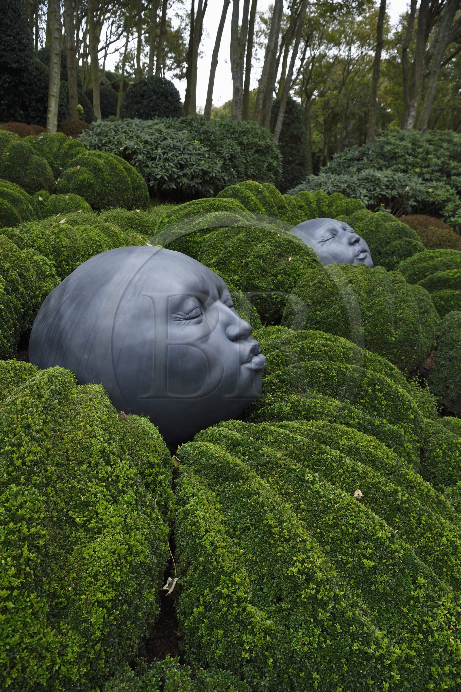 France, Seine-Maritime (76), Pays de Caux, Côte d'Albâtre, Etretat, Les Jardins d'Etretat de Alexander Grivko, les têtes géantes et rondes de Samuel Salcedo