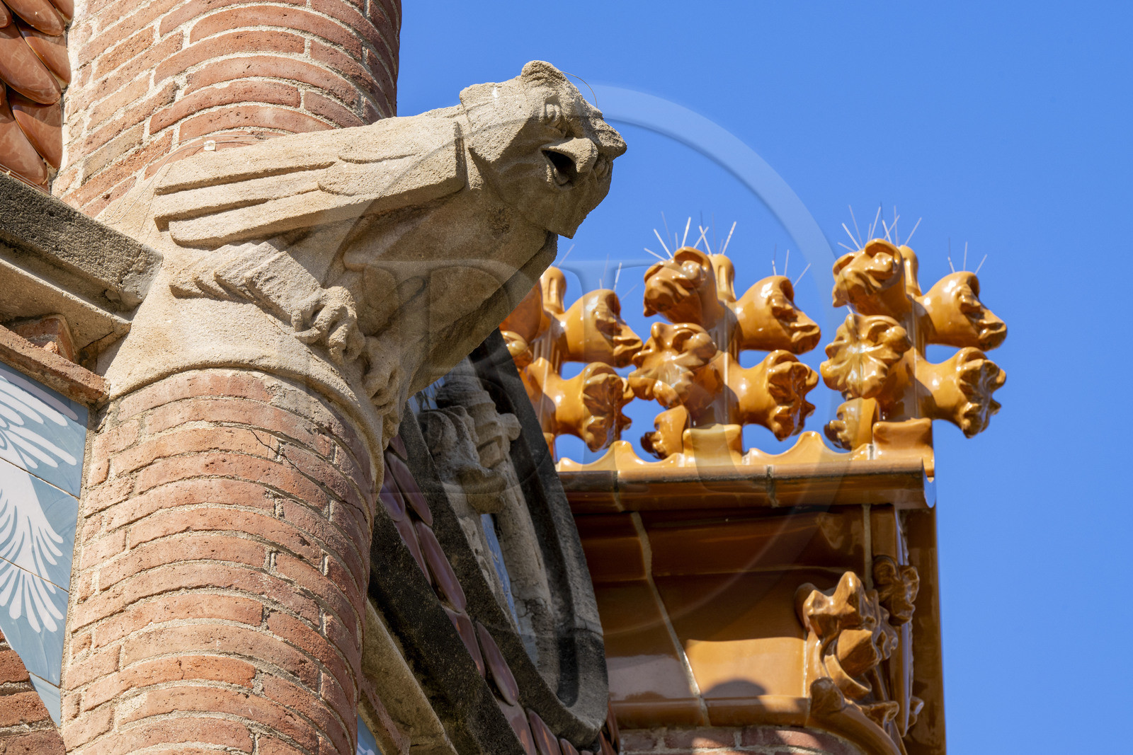 Spain, Catalonia, Barcelona, El Guinardo district, former Hospital de la Santa Creu i de Sant Pau listed as UNESCO World Heritage, modernist style by architect Domenech i Montaner, today a museum and a cultural center, detail of the decoration of one of the pavilions