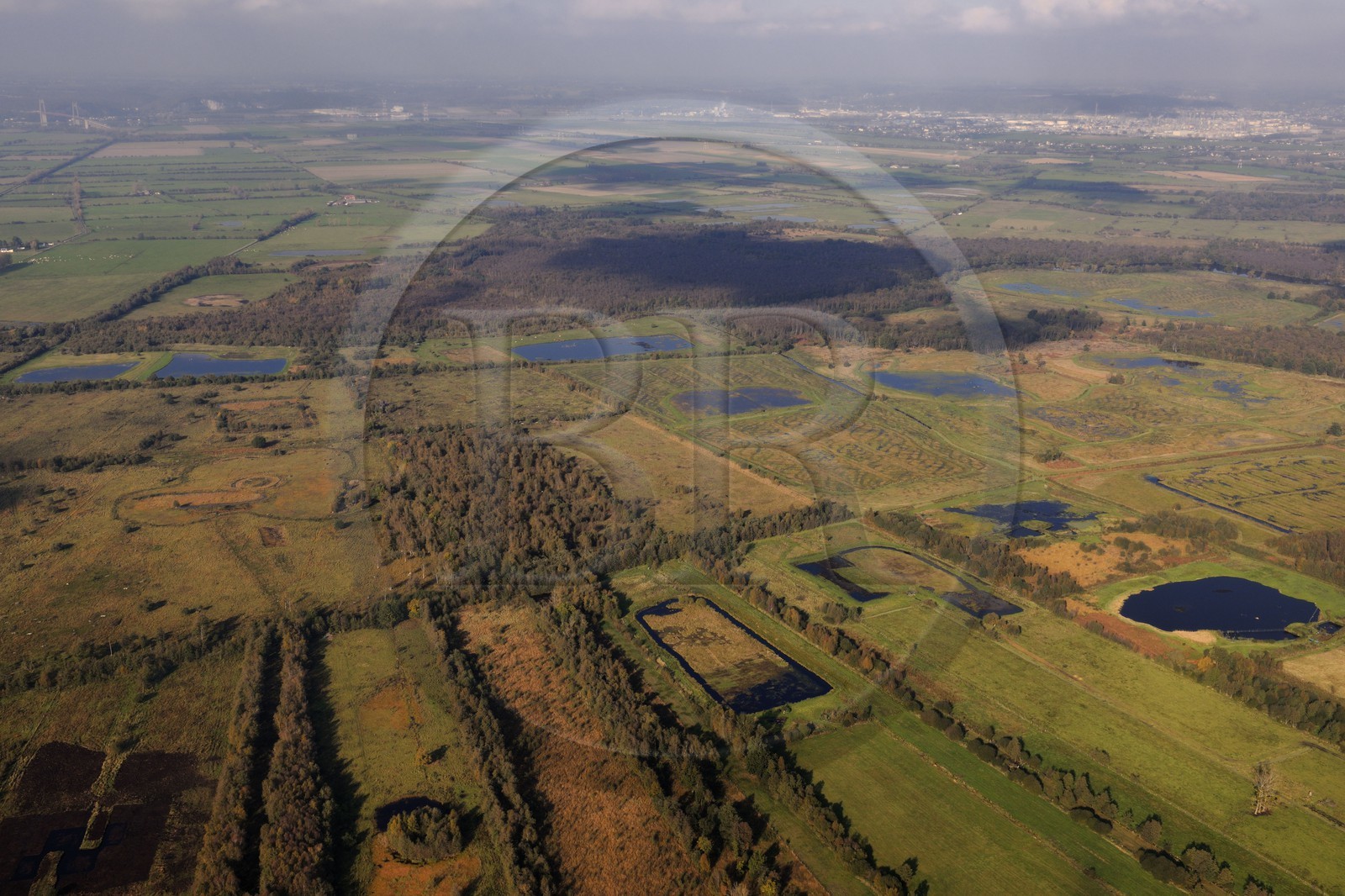 France, Eure (27), Marais-Vernier, les courtils sont des parcelles laniérées et drainées par des chenaux bordés de haies (vue aérienne)
