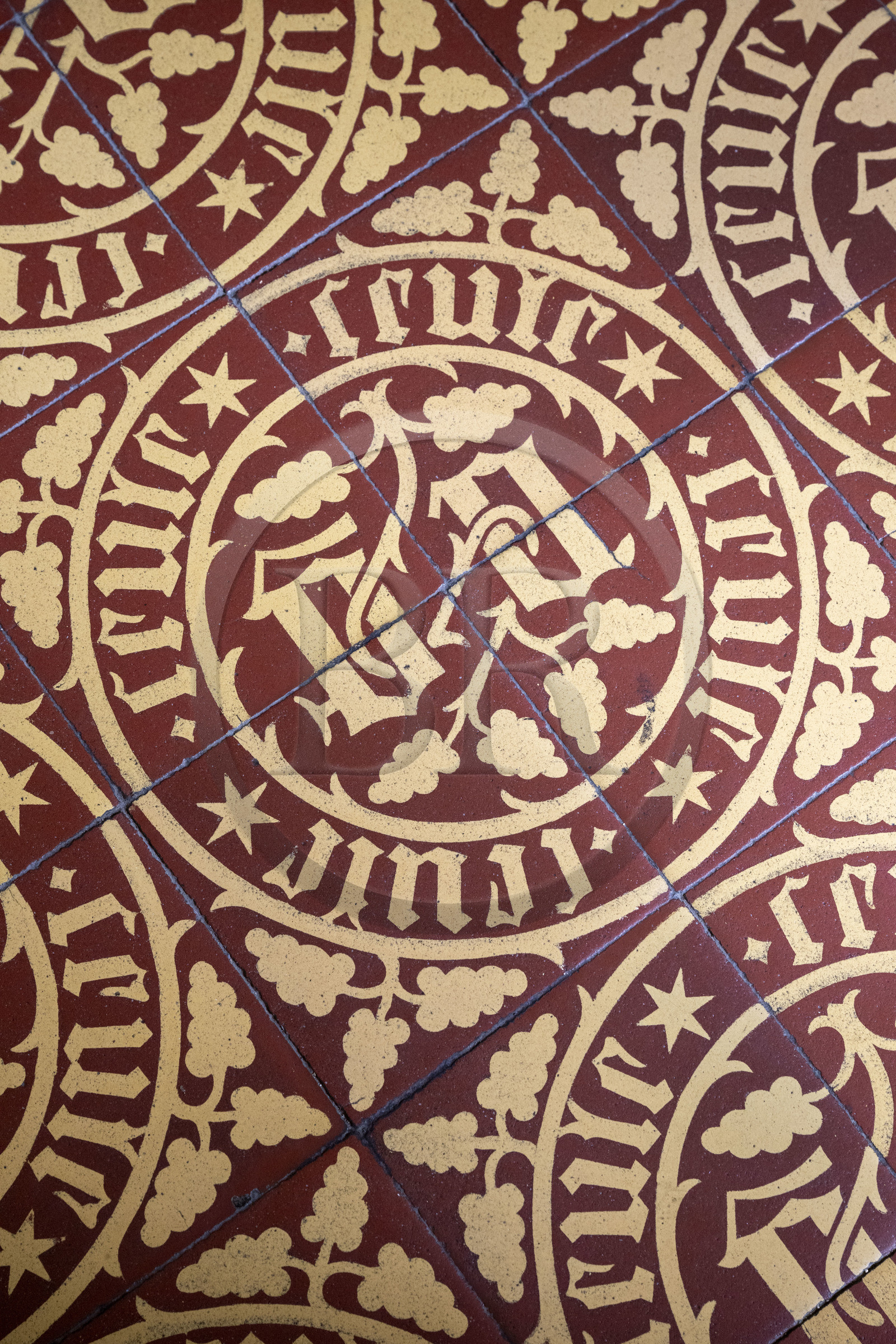 France, Cote d'Or, Beaune, area listed as World Heritage by UNESCO, Hospices de Beaune, Hotel Dieu, apothecary, detail of the paving of the floor with the initials N and G, first names of Nicolas Rolin and Guigone de Salins, founders of the Hotel Dieu