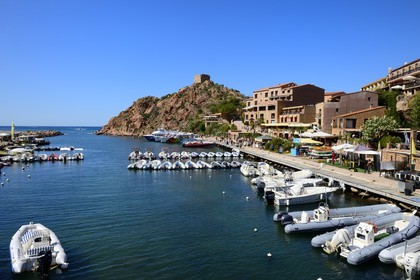 France, Corse-du-Sud (2A), Golfe de Porto, classé Patrimoine Mondial de l'UNESCO, la tour génoise au-dessus de la passe du port de la marine de Porto