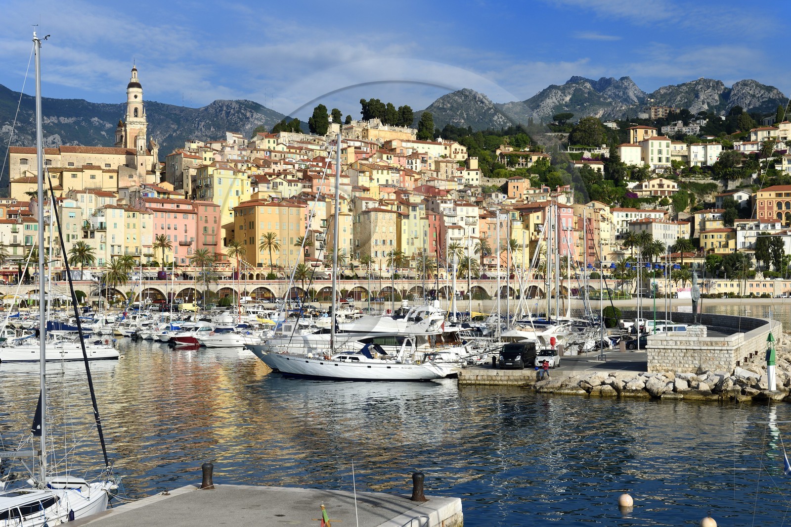 France, Alpes-Maritimes, Menton, the port and the old town dominated by the St Michel Basilica