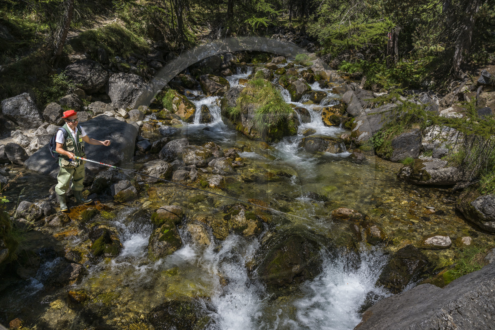 France, Hautes Alpes (05), Névache, pêcheur dans le ruisseau de la Vallée Étroite à la frontière italienne,
