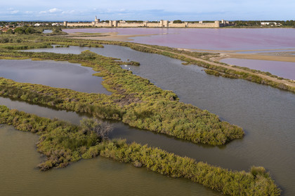 France, Gard, Aigues Mortes, the medieval town surrounded by its ramparts on the edge of the salt marshes (Salins du Midi) (aerial view)