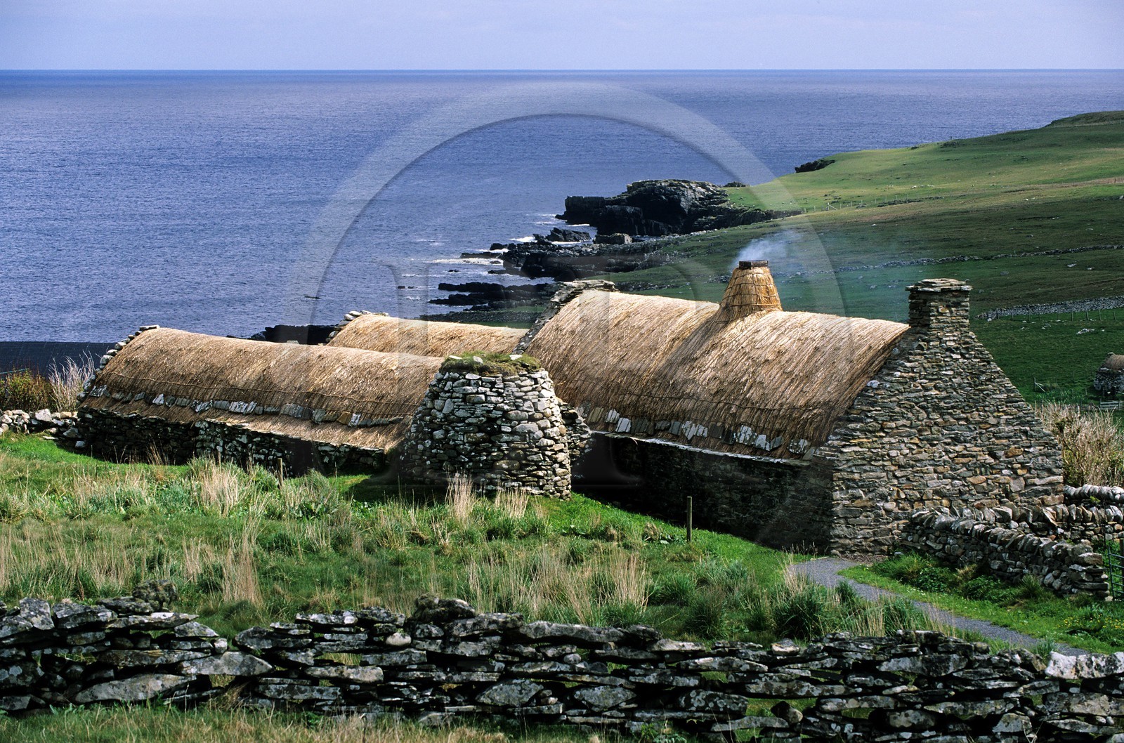 United Kingdom, Scotland, Shetland islands, South of Mainland, Croft house museum, small traditional farm with thatched roof
