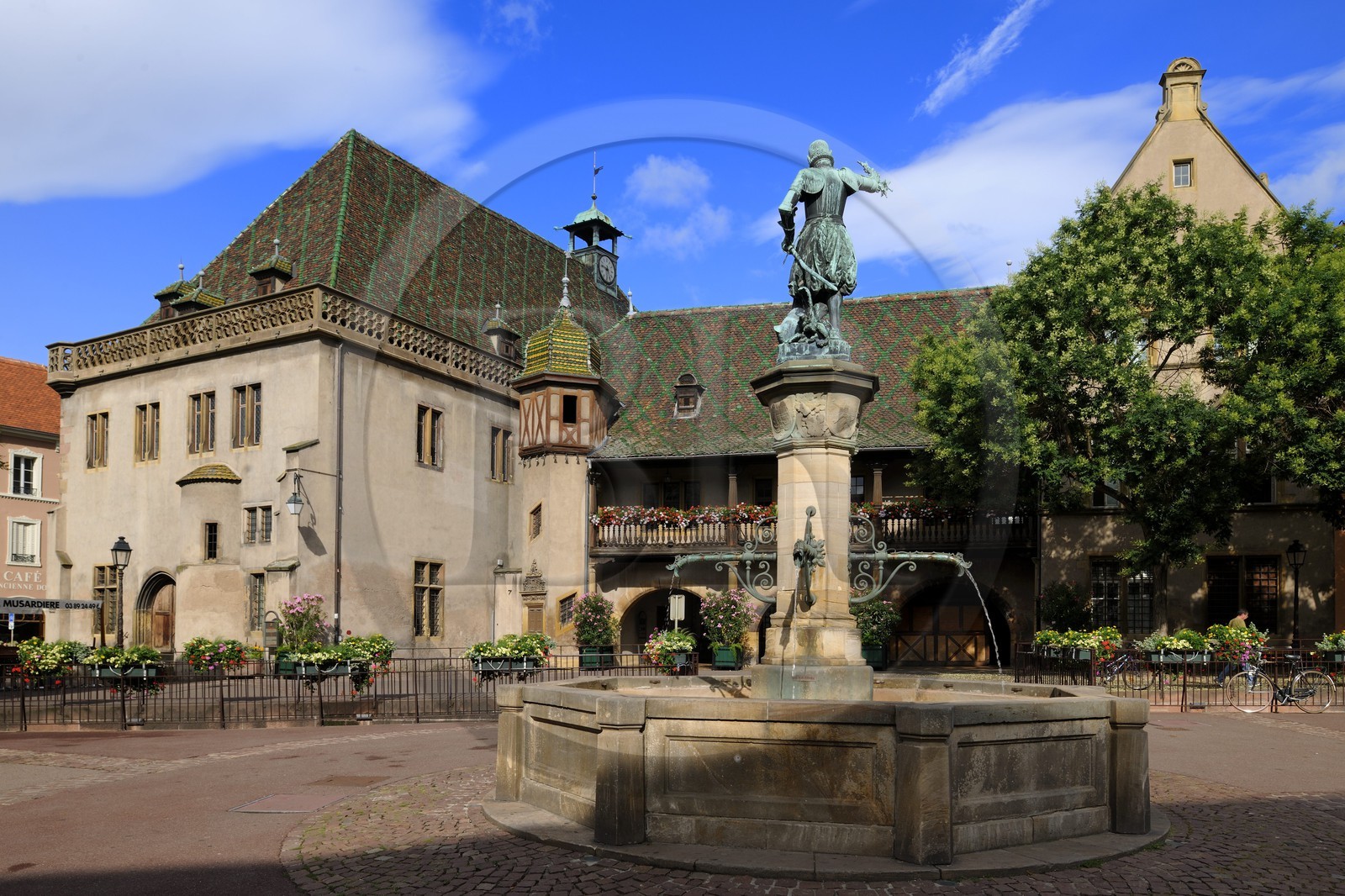 France, Haut Rhin, Colmar, la Place de l'Ancienne Douane, Schwendi fountain work by Bartholdi in front of the former douane or customs control edifice (Koifhus)