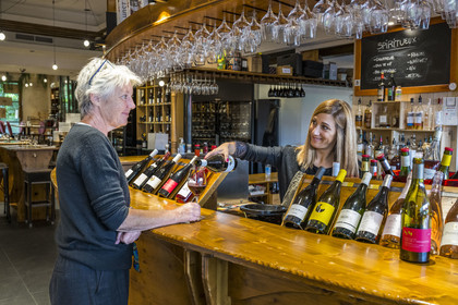 France, Herault, Montpellier, Port Marianne district, around the Bassin Jacques Coeur, wine tasting bar and restaurant Le Trinque-Fougasse, sommelier Rosa Bela