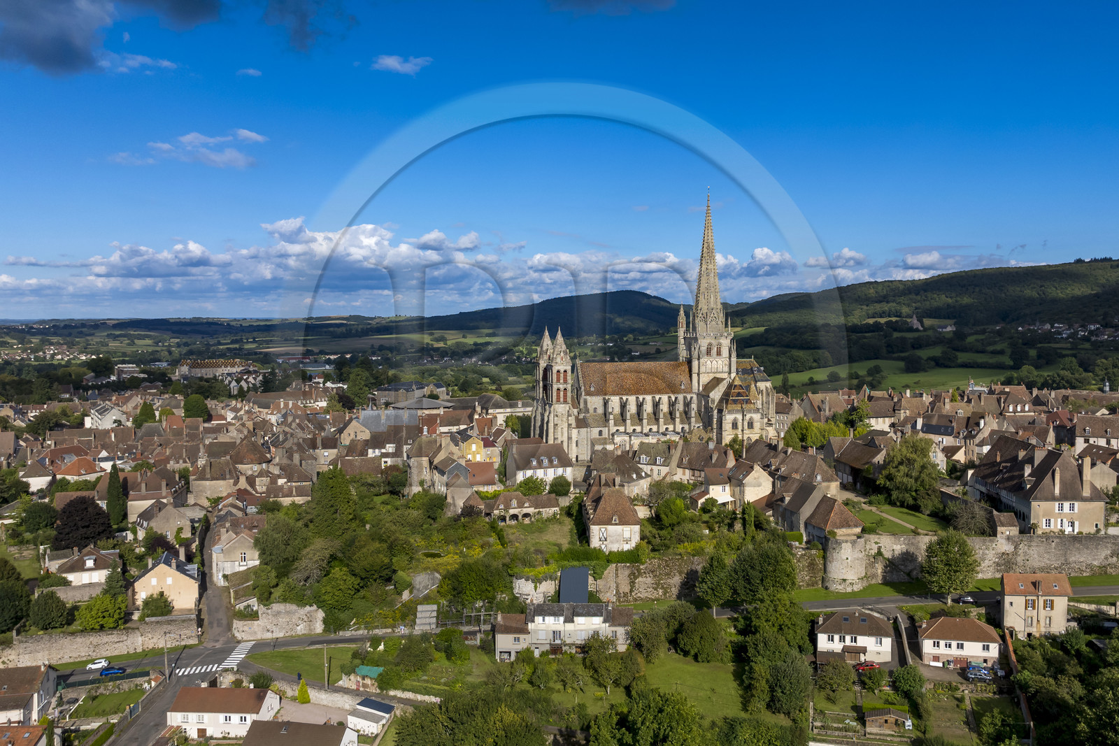 France, Saone et Loire, Autun, Saint Lazarus Cathedral and remains of the Gallo-Roman ramparts (aerial view)