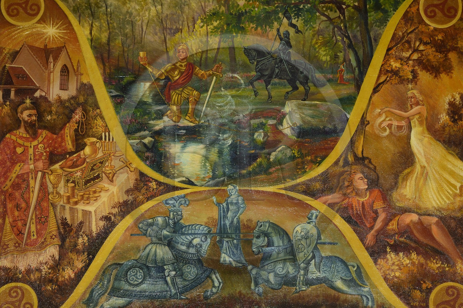 France, Morbihan (56), forêt de Brocéliande, Tréhorenteuc, église Sainte-Onenne ou la chapelle du Graal dédiée à la mythogie arthurienne, peinture réalisée par Karl Reizabech sur les indications de l'abbé Gillard