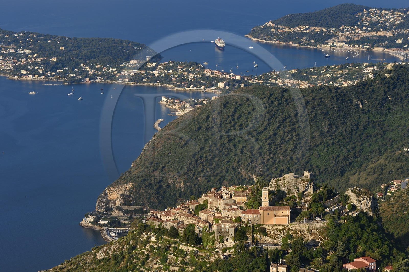 France, Alpes-Maritimes, the hilltop village of Eze, Saint-Jean-Cap-Ferrat in the background