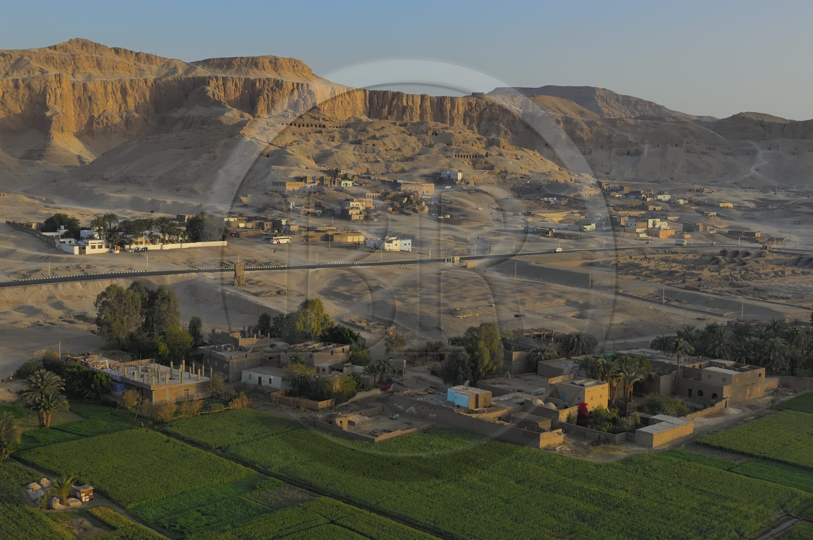 Egypt, Upper Egypt, Nile Valley, surroundings of Luxor, West bank, Thebes Necropolis listed as World Heritage by UNESCO, nobles tombs on montain slope (aerial view)