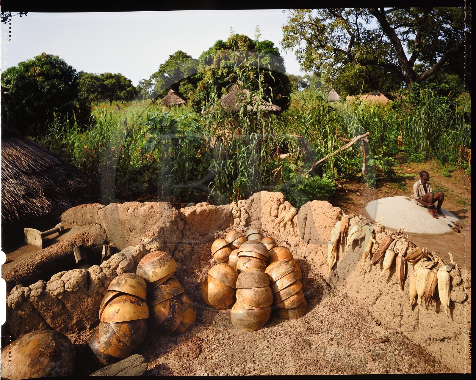 Burkina Faso, Poni province, Lobi land, Loropéni, calabash for dolo (sorghum or millet beer) on the roof of a house, it has the characteristic of refreshing the drinks it contains