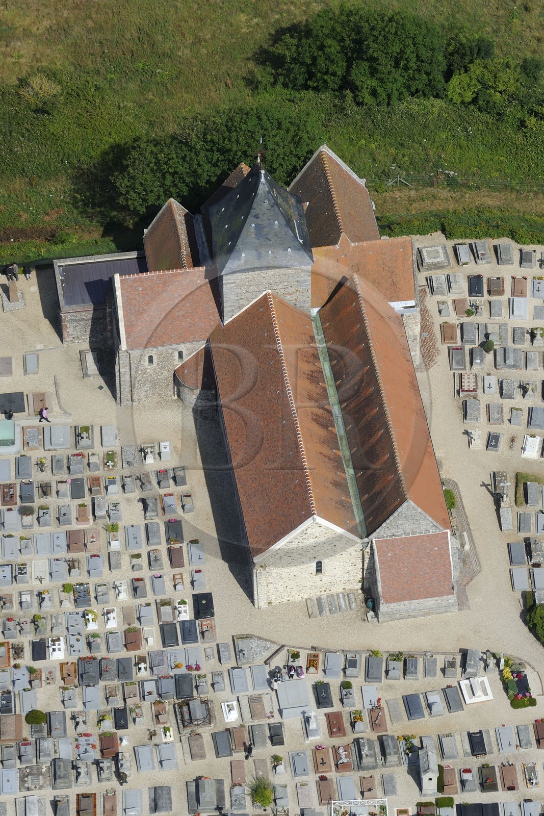 France, Seine-Maritime, Pays de Caux, the church of Varengeville-sur-Mer and its cemetery by the sea overlooking the cliffs of the Cote d'Albatre (Alabaster Coast) (aerial view)