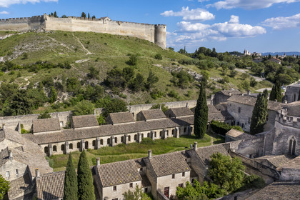 France (30), Gard, Villeneuve-lès-Avignon, la Chartreuse Notre-Dame-du-Val-de-Bénédiction, le grand cloitre ou cloitre des morts surplombé par le Fort Saint André (vue aérienne)