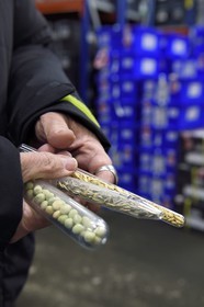 Norvège, Svalbard, Spitzberg, Longyearbyen, la Réserve mondiale de semences du Svalbard (banque de graines du Global Seed Vault), salle de stockage des semences artificiellement maintenue à -18°C, près de 900000 échantillons ont été déposés, provenant de 200 pays d'origine et de 73 instituts déposants, ancien moyen de stocker les graines dans des tubes de verre, à gauche des pois, au milieu du riz et à droite de l'orge