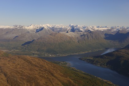 Norvège, Troms, fjord Balsfjorden au nord de Tromso (vue aérienne)