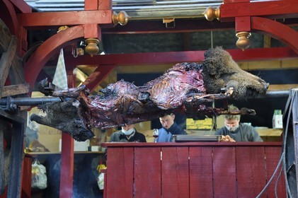 France, Haut-Rhin (68), Ribeauvillé, le marché de Noël médiéval, étal proposant du sanglier à la broche accompagné de cervoise et de vin