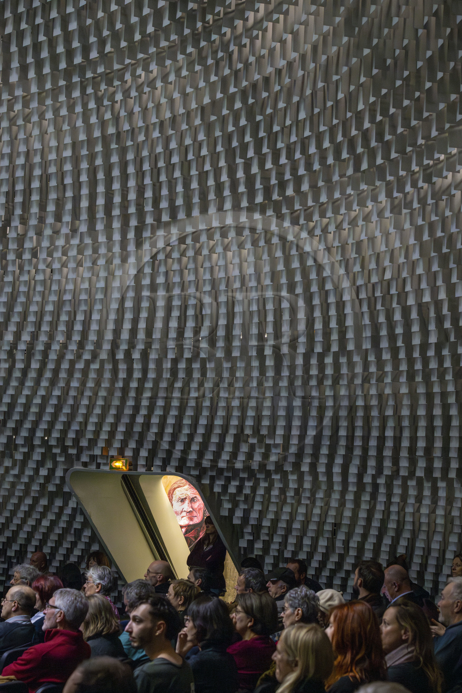 France, Paris, Place du Colonel Fabien, the Parti Communiste (French Communist Party) building by architect Oscar Niemeyer, opening of the Odyssey exhibition by artist Fred Kleinberg at Espace Niemeyer