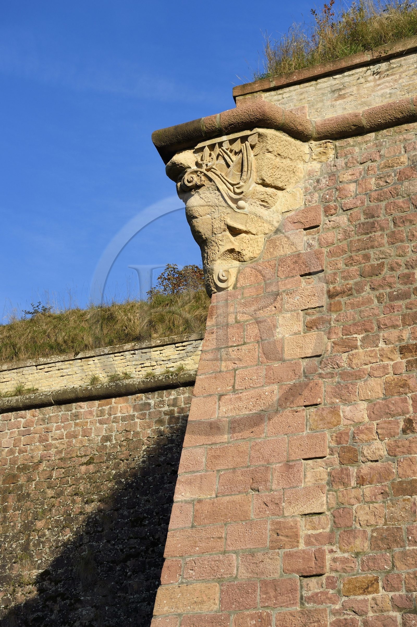 France, Haut-Rhin, Neuf Brisach, town fortified by Vauban, listed as World Heritage by UNESCO, moat and fortifications between Porte de Belfort and Porte de Colmar, location of the watchtowers which were made of wood to be dismantled