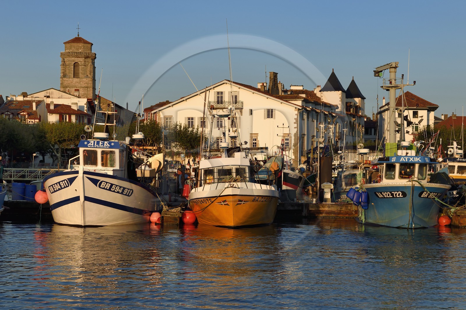 France, Pyrenees Atlantiques, Basque Country, Saint Jean de Luz, the fishing port, the Saint-Jean-Baptiste (Saint John the Baptist) Church left and the white facade of the town hall on the right