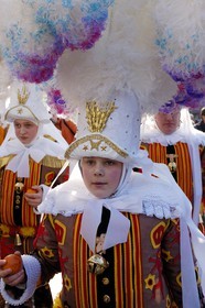 Belgium, Wallonia, Carnival of Binche, Gilles of Binche in the procession wearing their hat and throwing oranges