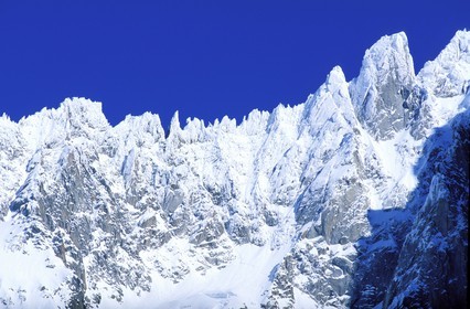 France, Haute Savoie, Chamonix valley, Vallee Blanche, Mont Blanc, Aiguille of the Dru at the summit of the Aiguille verte