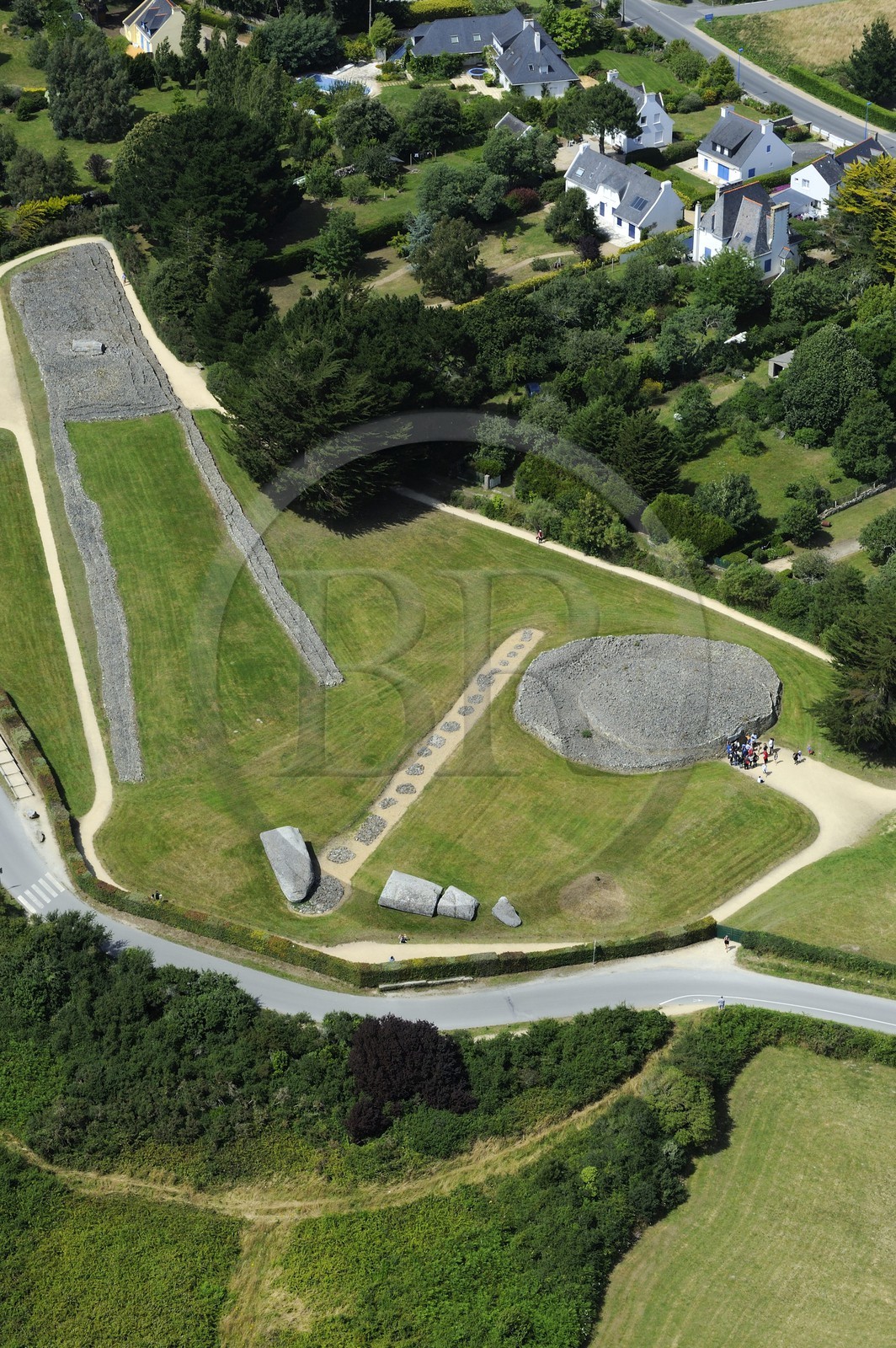 France, Morbihan, Gulf of Morbihan (Golfe du Morbihan),  Locmariaquer, Er Grah menhir and tumulus, and Table des Marchands cairn (aerial view)