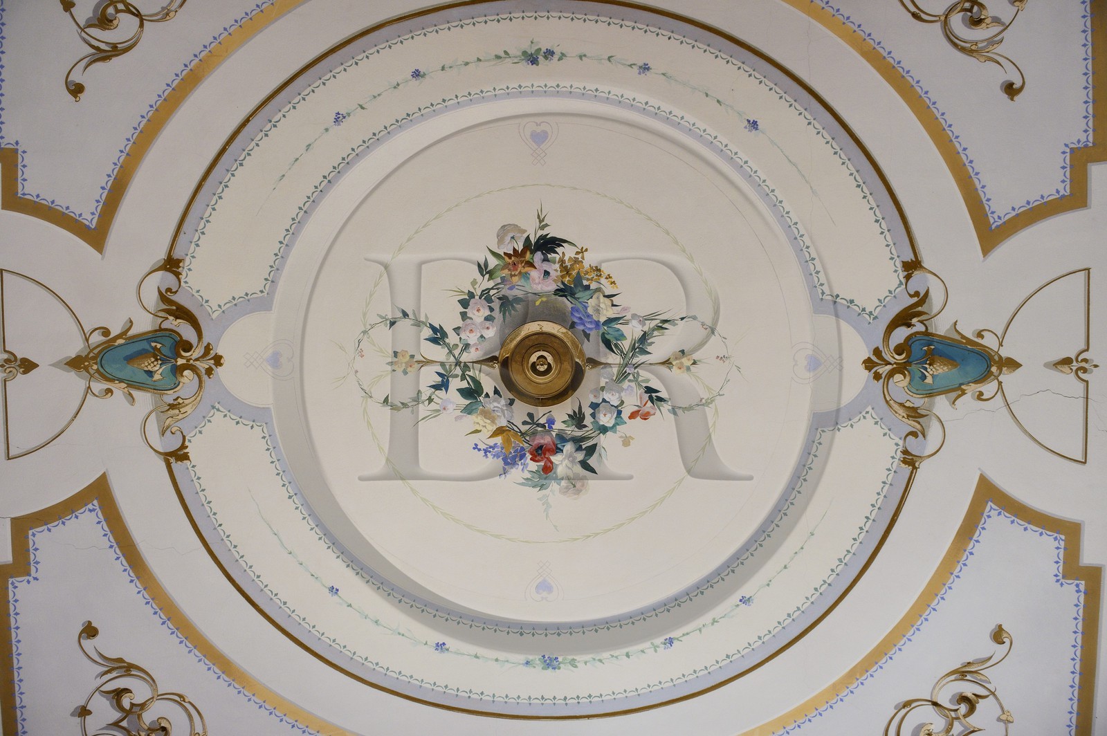 France, Haute-Corse (2B), Cap Corse, Rogliano, le palazzu Nicrosi (Palazzi ou Maison d'Americain), Pierre Nicrosi prospéra avec ses trois frères dans le commerce, l’immobilier et le coton en Alabama, plafond décoré d'une chambre