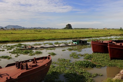 Vietnam, province de Ninh Binh, péniche progressant dans un canal