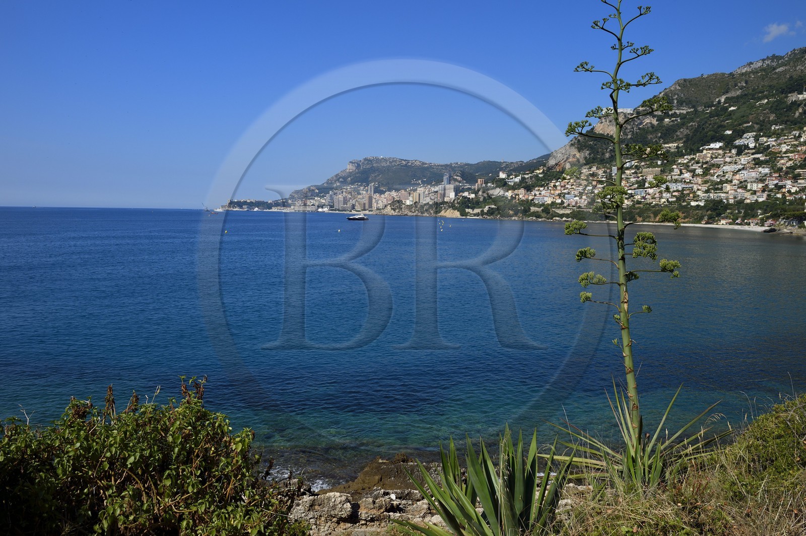 France, Alpes-Maritimes (06), Roquebrune-Cap-Martin, Cap Martin, sentier des douaniers, promenade Le Corbusier, la Principauté de Monaco en arrière plan